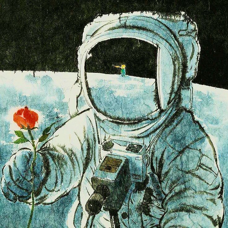 Imagen de un astronauta con una bella rosa en la luna.